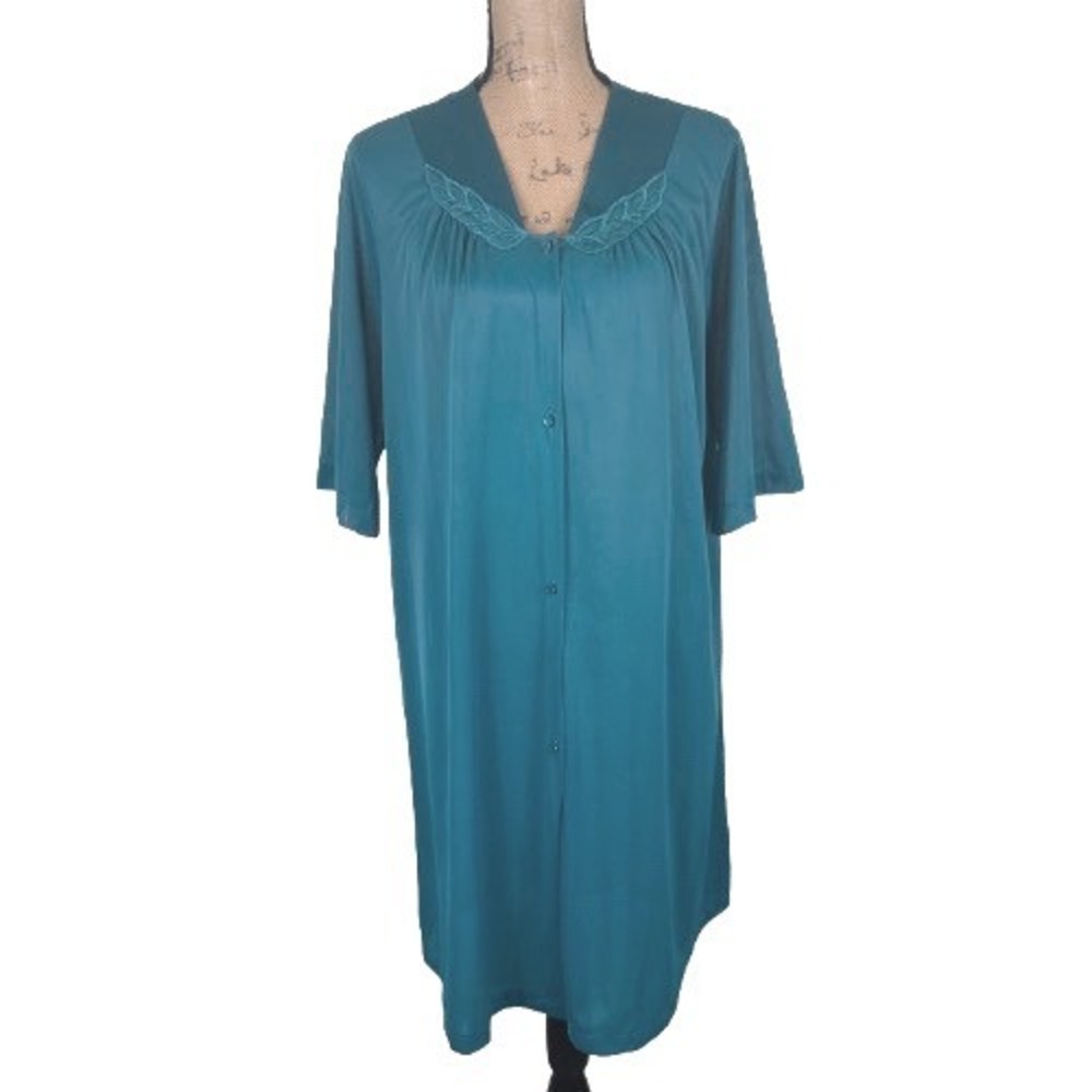 Vassarette Vintage Teal Blue Button Front Robe Muumuu House Dress Size Large